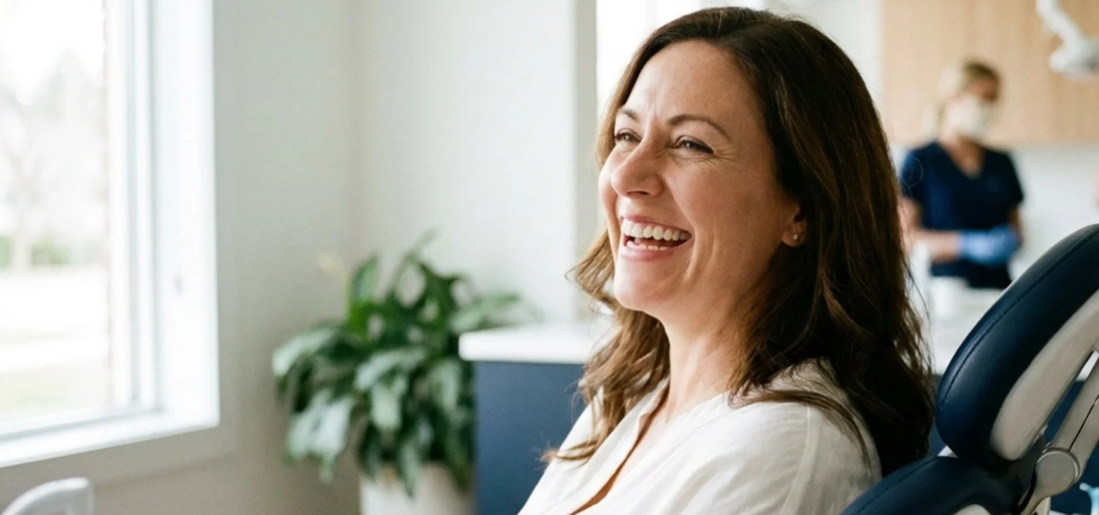 woman smiles in her dental chair
