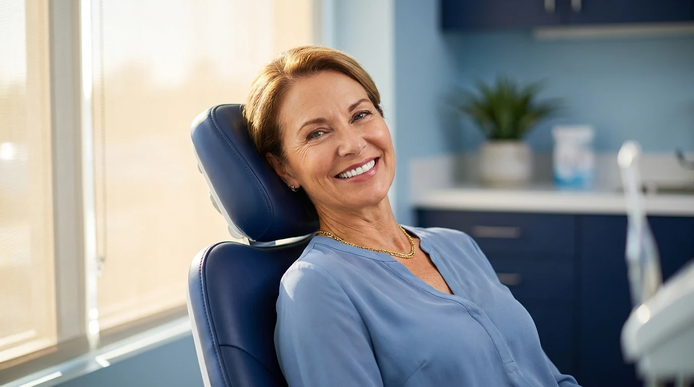 Tooth implant longevity in north phoenix patient – mature woman smiling in a dental chair at Diamondback Dentistry