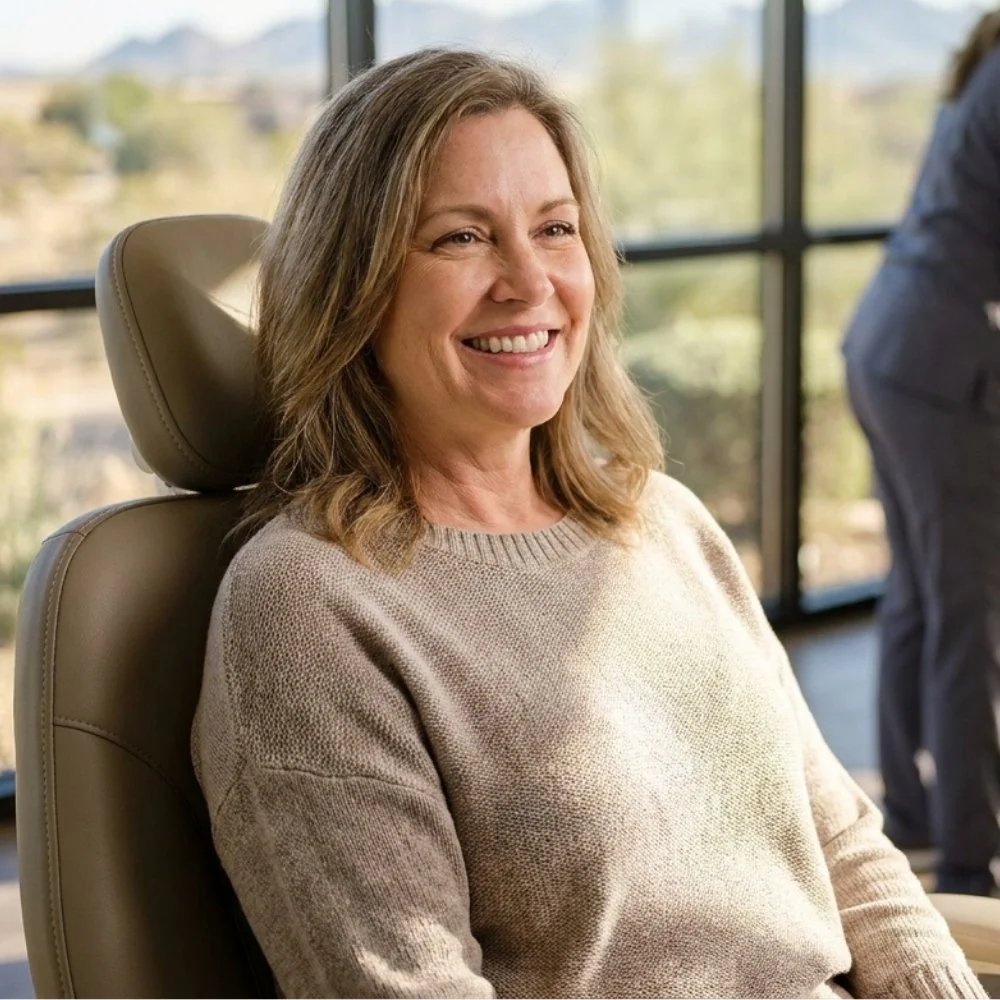 Phoenix patient feeling relief and smiling after a gentle emergency tooth extraction at Diamondback Dentistry