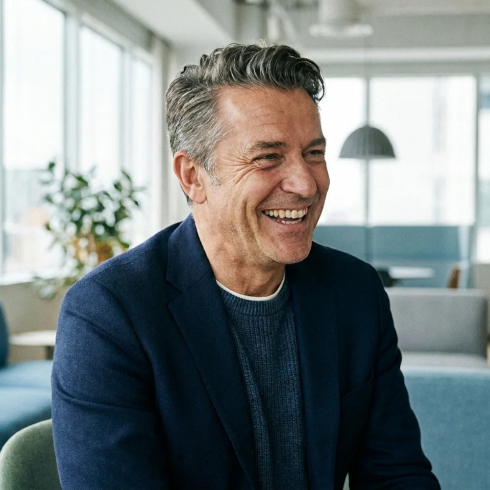 Mature man smiling confidently in a bright modern setting