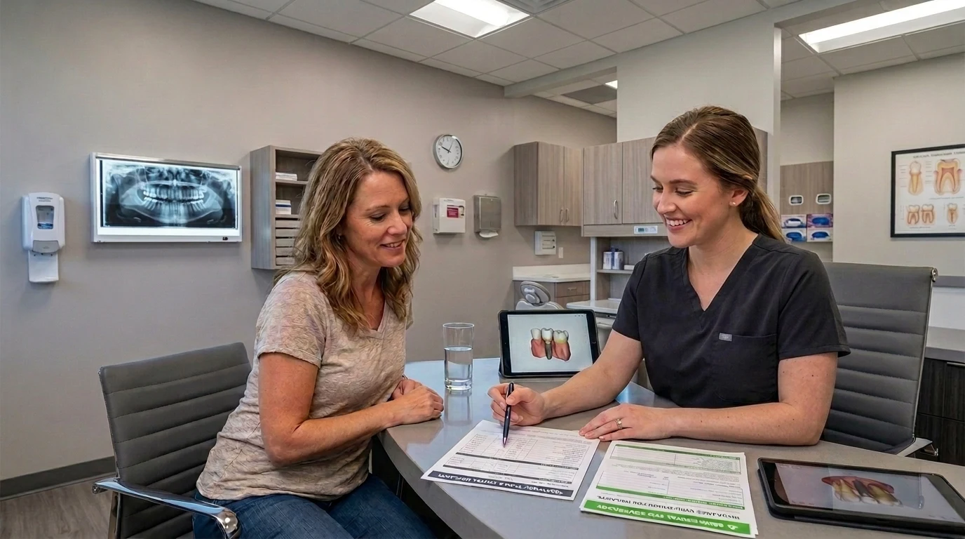 Patient discussing dental insurance coverage for implants with a Diamondback Dentistry team member in Phoenix