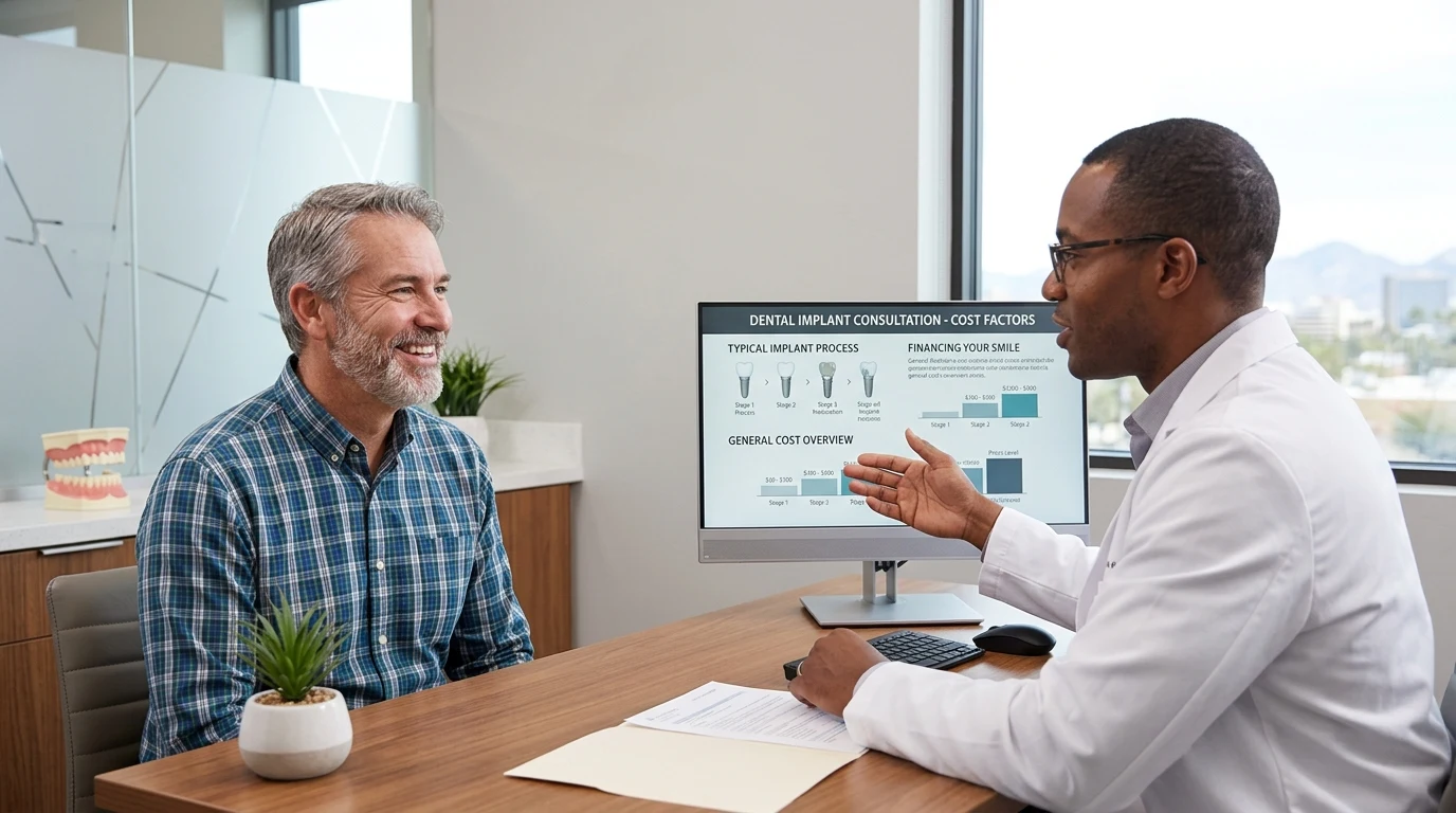 Patient smiling during a dental implant cost consultation with his dentist at Diamondback Dentistry in Phoenix