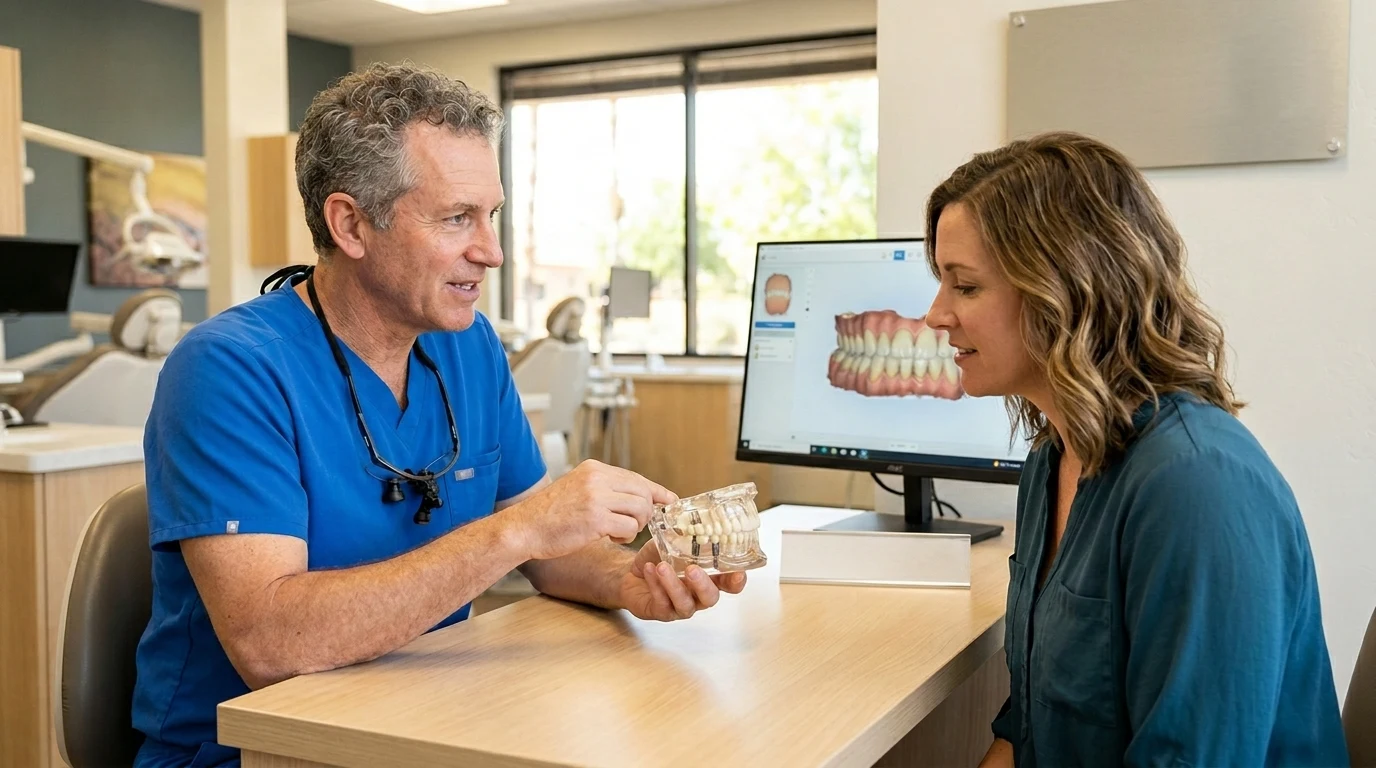 Dentist reviewing a dental implant model with a patient at Diamondback Dentistry in North Phoenix
