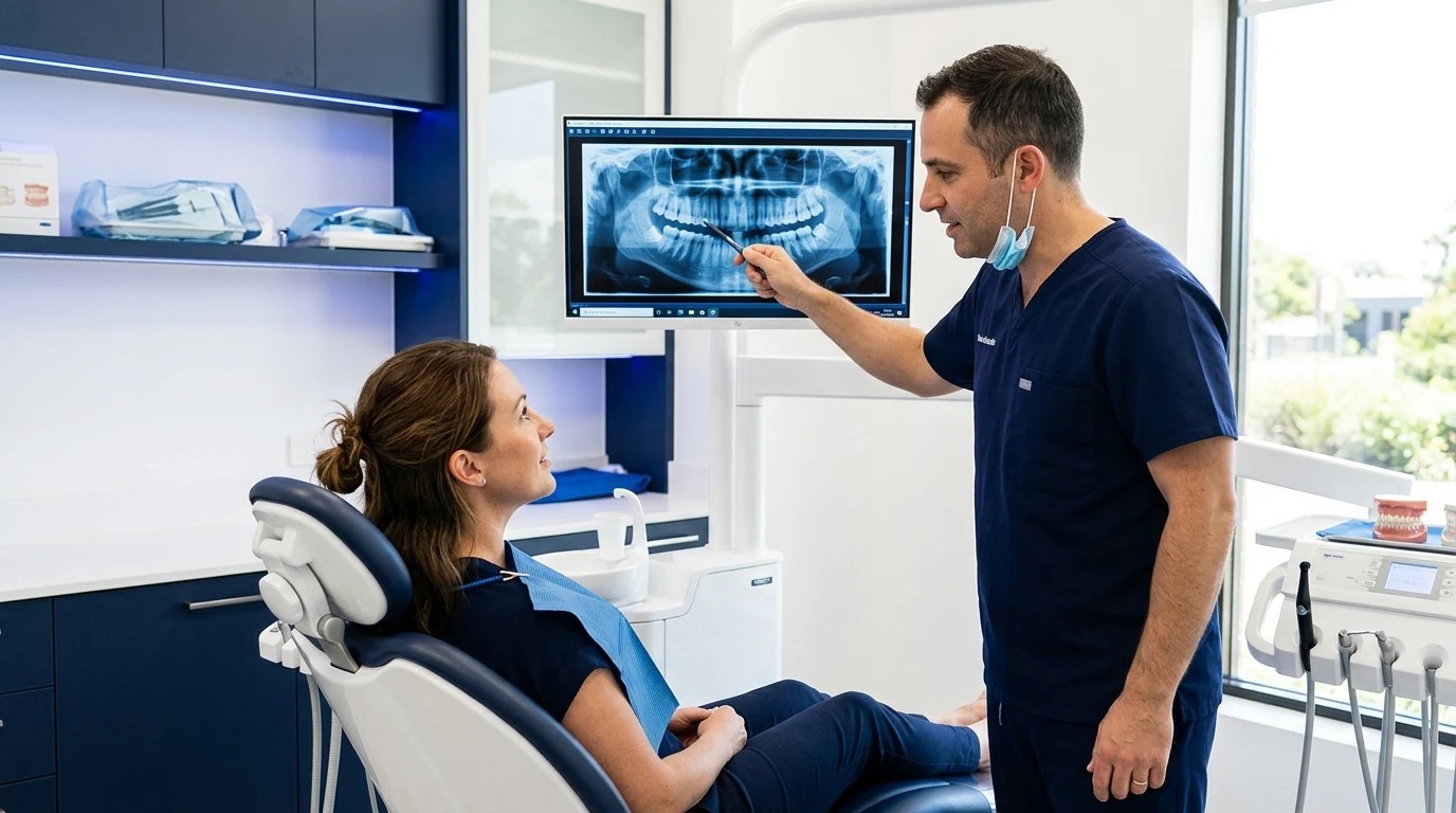 Dentist reviewing digital dental X-rays with a new patient at Diamondback Dentistry Phoenix