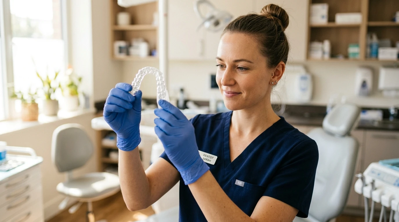 Dentist examining a custom-fitted take-home whitening tray at Diamondback Dentistry in North Phoenix