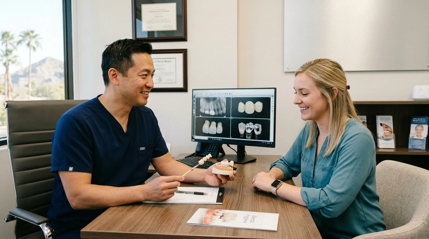Patient discussing dental crown options with a dentist at Diamondback Dentistry in North Phoenix