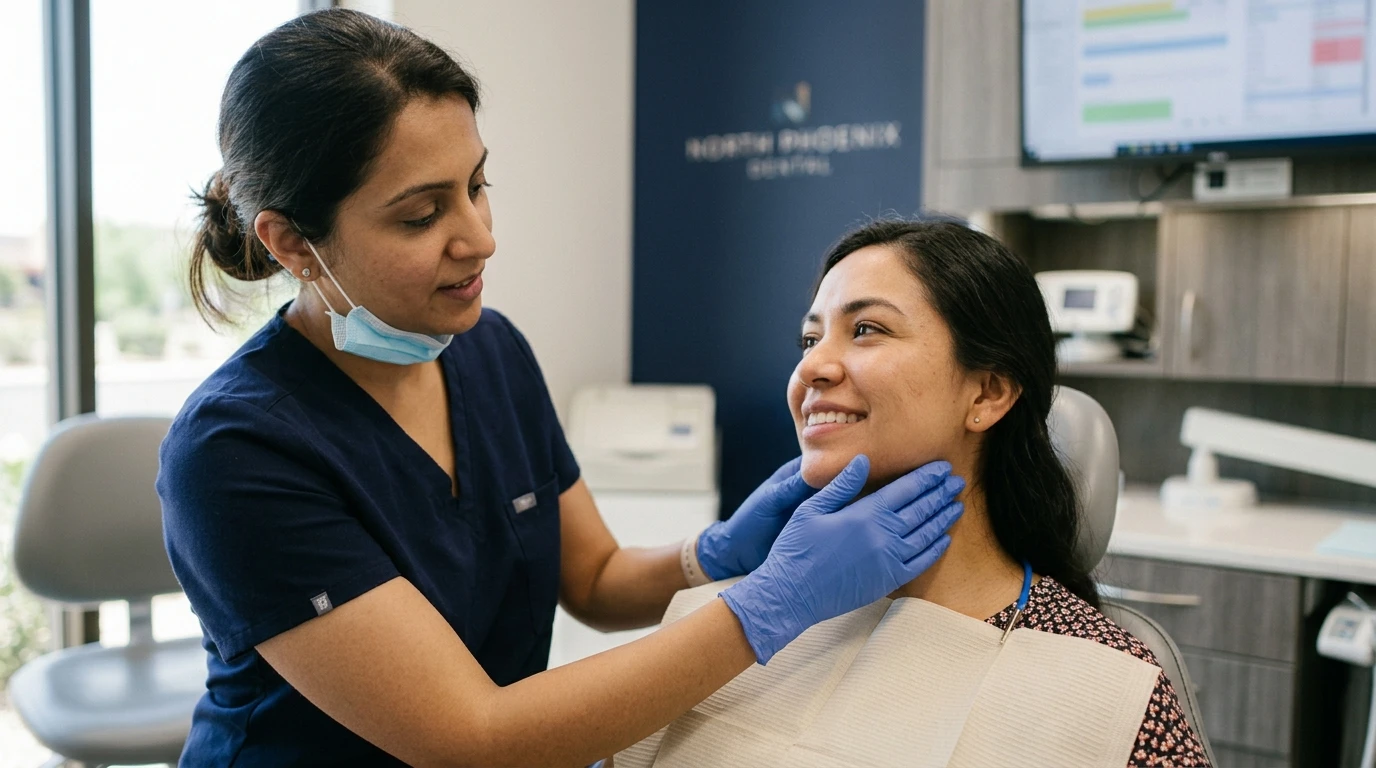 Dentist performing an oral cancer screening as part of a preventive checkup at Diamondback Dentistry