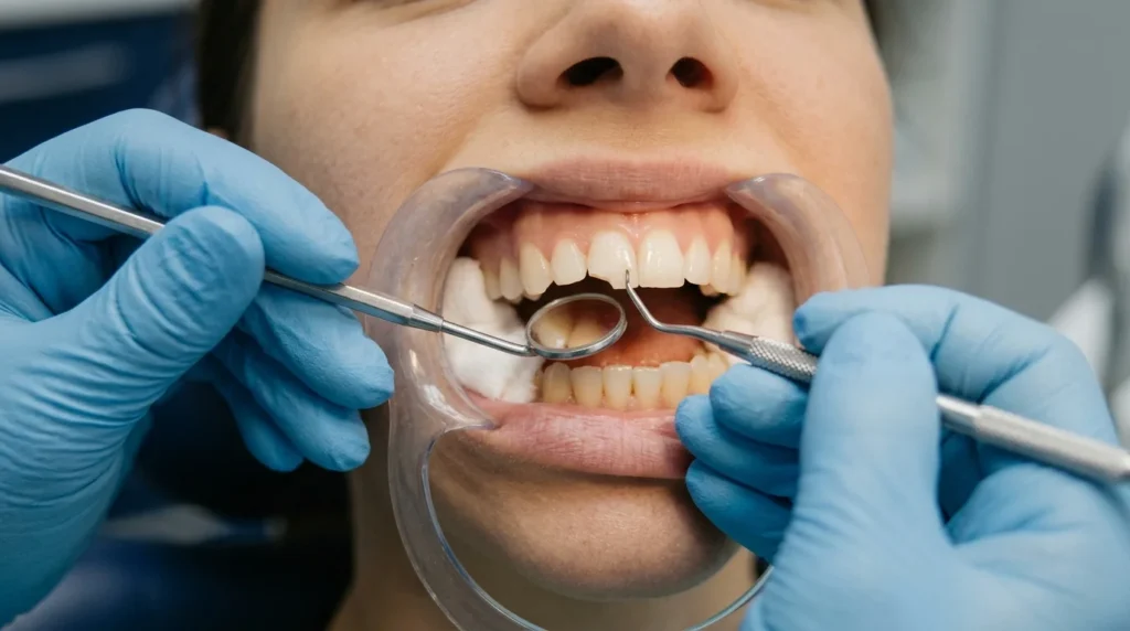 Gloved dentist shaping tooth-colored composite resin on an adult patient's front tooth during a bonding appointment