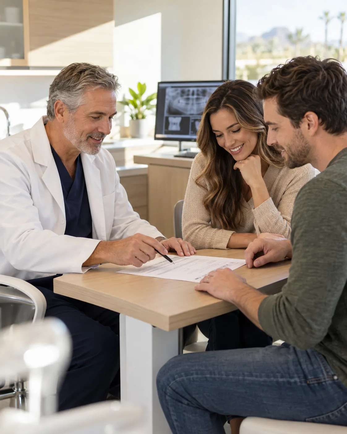 Dentist reviewing a treatment estimate with a couple at Diamondback Dentistry in Phoenix